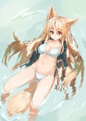 Rule 34 | 1girl, animal ears, bikini, black hoodie, blonde hair, breasts, cleavage, commentary request, fox ears, fox girl, fox tail, highres, hood, hood down, hoodie, large breasts, long hair, open clothes, open hoodie, original, parted lips, partially submerged, red eyes, solo, swimsuit, tail, waichi, water