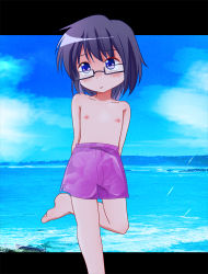 Rule 34 | 1girl, arms behind back, artist request, blue sky, blush, closed mouth, day, feet, female focus, flat chest, glasses, hidamari sketch, male swimwear, male swimwear challenge, ocean, outdoors, purple eyes, purple hair, purple male swimwear, purple swim trunks, sae (hidamari sketch), shiny skin, short hair, shy, sky, solo, source request, standing, standing on one leg, swim trunks, swimsuit, topless