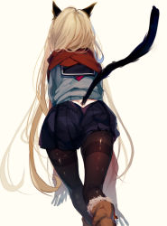 Rule 34 | 1girl, animal ears, ass cutout, back, back peek, black pantyhose, black skirt, blonde hair, boots, brown footwear, butt crack, cat ears, cat girl, cat tail, clothes pull, clothing cutout, commentary request, copyright request, daimaou ruaeru, dimples of venus, fading, fringe trim, from behind, fur-trimmed boots, fur trim, hidden face, highres, kneeling, kneepits, long hair, long sleeves, miniskirt, original, pantyhose, pleated skirt, red scarf, sailor collar, scarf, school uniform, serafuku, shiny clothes, shiny legwear, skirt, skirt pull, solo, tail, tail raised, thigh gap, thighband pantyhose, very long hair, walking, winter clothes
