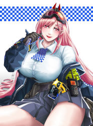 Rule 34 | 1girl, absurdres, belt, black gloves, blue jacket, blue skirt, breasts, card, earrings, eyewear on head, fangz, girls&#039; frontline, gloves, heart, heart earrings, highres, holding, holding card, jacket, jewelry, large breasts, less-than-lethal weapon, long hair, looking at viewer, mole, mole under eye, neck tattoo, open clothes, open jacket, open mouth, pink eyes, pink hair, police, police uniform, shirt, sig mcx (girls&#039; frontline), simple background, sitting, skirt, solo, taser, tattoo, uniform, walkie-talkie, white shirt