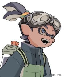 Rule 34 | 1boy, bad id, bad twitter id, blue hair, fangs, goggle-kun (splatoon), goggles, goggles on head, ink tank (splatoon), inkling, inkling boy, inkling player character, jacket, lowres, male focus, nintendo, pointy ears, short hair, simple background, smile, splatoon (manga), splatoon (series), splatoon 1, tentacle hair, topknot, twitter username, upper body, white background, yasu (spl yas)