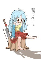 Rule 34 | 1girl, ahoge, barefoot, blue hair, blush stickers, bow, breasts, cleaver, detached sleeves, frown, long hair, medium breasts, messy hair, nata (tool), off-shoulder blouse, sad, sakata nemuno, sitting on tree stump, skirt, solo, tears, touhou, translated, tree stump, zannen na hito