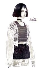 Rule 34 | 1girl, arms at sides, bob cut, cardigan, character name, closed mouth, cropped legs, cursive, expressionless, greyscale, leon the professional, long sleeves, looking at viewer, mathilda lando, midriff, monochrome, nail polish, navel, nemo brand, open cardigan, open clothes, pendant choker, see-through cardigan, shirt, short hair, short shorts, short sleeves, shorts, solo, standing, striped clothes, striped shirt