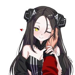 Rule 34 | 1girl, bare shoulders, black hair, breasts, cleavage, closed mouth, dreamer (girls&#039; frontline), e.de.n, girls&#039; frontline, hair between eyes, hand on another&#039;s cheek, hand on another&#039;s face, headgear, jewelry, long hair, long sleeves, one eye closed, pov, pov hands, ring, sangvis ferri, simple background, smile, solo focus, upper body, wedding ring, white background, yellow eyes