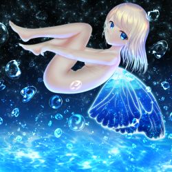 Rule 34 | 1girl, blonde hair, blue eyes, breasts, butterfly wings, completely nude, from side, hugging own legs, insect wings, knees up, long hair, looking at viewer, nude, original, parted bangs, parted lips, small breasts, solo, underwater, wabi chazuke, water, water drop, wings