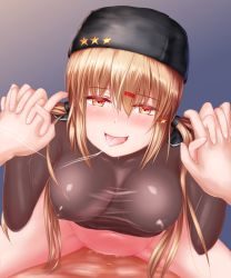 Rule 34 | black bow, black hat, blush, bottomless, bow, breasts, covered erect nipples, cowgirl position, cum, cum in pussy, fur hat, girl on top, hair between eyes, hair bow, hair ornament, hairclip, hat, heart, highres, kantai collection, large breasts, long hair, looking at viewer, low twintails, navel, papakha, pussy juice, red eyes, sabakuomoto, see-through, sex, spread legs, star (symbol), straddling, tashkent (kancolle), twintails
