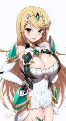 Rule 34 | 1girl, :d, black gloves, blonde hair, breasts, cleavage, cleavage cutout, clothing cutout, dress, elbow gloves, gloves, highres, kasai shin, large breasts, light blush, long hair, looking at viewer, mythra (xenoblade), open mouth, short dress, signature, smile, solo, swept bangs, thighlet, tiara, two-tone gloves, white background, white dress, xenoblade chronicles (series), xenoblade chronicles 2, yellow eyes