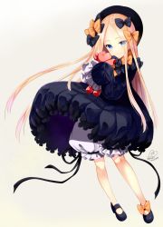Rule 34 | 1girl, abigail williams (fate), azuma yuki, black bow, black dress, black footwear, black hat, blonde hair, bloomers, blue eyes, blush, bow, brown background, bug, butterfly, closed mouth, dress, fate/grand order, fate (series), forehead, gradient background, hair bow, hat, hugging object, insect, long hair, long sleeves, looking at viewer, mary janes, orange bow, parted bangs, polka dot, polka dot bow, shoes, signature, sleeves past fingers, sleeves past wrists, smile, solo, standing, stuffed animal, stuffed toy, teddy bear, twitter username, underwear, very long hair, white background, white bloomers