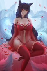Rule 34 | 1girl, ahri (league of legends), animal ears, babydoll, black hair, breasts, cleavage, commentary, detached sleeves, english commentary, facial mark, fox ears, fox tail, high heels, highres, league of legends, lingerie, lips, long hair, mcdobo, medium breasts, multiple tails, navel, panties, red babydoll, red panties, red thighhighs, smile, solo, swept bangs, tail, thighhighs, underwear, whisker markings, yellow eyes