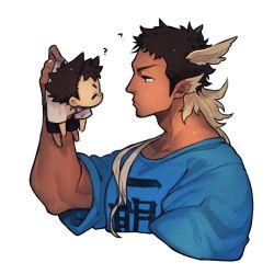Rule 34 | 2boys, ?, animal ears, bird ears, blouse, blue shirt, blush, brown hair, chibi, closed eyes, closed mouth, clothes writing, cropped torso, dark-skinned male, dark skin, facial hair, goatee, head wings, hermes (housamo), holding, male focus, mid (mid skb), multiple boys, muscular, muscular male, protagonist 1 (housamo), shirt, short hair, sideburns, sweatdrop, tokyo houkago summoners, white background, wings