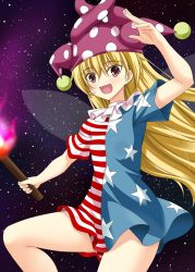 Rule 34 | 1girl, american flag dress, blonde hair, clownpiece, dress, fairy wings, fire, hat, highres, jester cap, long hair, neck ruff, no pants, open mouth, polka dot, rappa (rappaya), red eyes, short dress, short sleeves, sky, smile, solo, star (sky), star (symbol), star print, starry sky, striped clothes, striped dress, torch, touhou, very long hair, wings