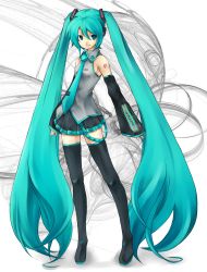 Rule 34 | 1girl, absurdres, aqua eyes, aqua hair, bad id, bad pixiv id, detached sleeves, female focus, full body, hatsune miku, headset, highres, long hair, necktie, skirt, solo, t@kumi, thighhighs, twintails, very long hair, vocaloid, white background
