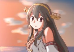Rule 34 | 1girl, bare shoulders, blush, brown eyes, detached sleeves, from side, grey hair, hair ornament, hairclip, haruna (kancolle), headgear, highres, itsuka acr, kantai collection, long hair, looking at viewer, nontraditional miko, smile, solo, sunset, upper body