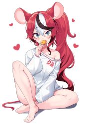 Rule 34 | 1girl, absurdres, animal ears, barefoot, between legs, blue eyes, cafelittle, candy, food, hakos baelz, hand between legs, heart, highres, holding, holding candy, holding food, holding lollipop, hololive, hololive english, knee up, legs, lollipop, mouse ears, mouse tail, multicolored hair, red hair, shirt, side ponytail, sitting, streaked hair, tail, thighs, toes, virtual youtuber, white background, white shirt