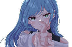 Rule 34 | 1girl, asahi rokka, bang dream!, blue hair, clothing cutout, commentary request, finger gun, green eyes, jibliy81, lock (bang dream!), long hair, looking at viewer, raise a suilen, shoulder cutout, simple background, solo, turtleneck, upper body, v-shaped eyebrows, white background