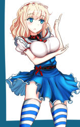Rule 34 | 1girl, adapted costume, alice margatroid, alternate breast size, blonde hair, blue dress, blue eyes, breast lift, breasts, dress, hairband, large breasts, lolita hairband, open mouth, puffy short sleeves, puffy sleeves, sash, short sleeves, solo, striped clothes, striped thighhighs, thighhighs, touhou, zettai ryouiki, zibun owl