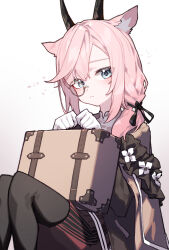 Rule 34 | 1girl, absurdres, animal ears, arknights, beudelb, character request, gloves, goat ears, goat girl, goat horns, highres, horns, looking at viewer, medium hair, monocle, pink hair, ponytail, simple background, sitting, solo, suitcase, white background, white gloves