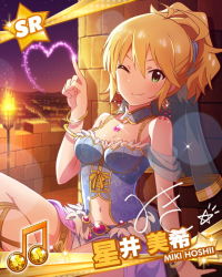 Rule 34 | 10s, 1girl, ahoge, beamed quavers, blonde hair, bracelet, card (medium), character name, character signature, earrings, green eyes, hoshii miki, idolmaster, idolmaster (classic), idolmaster million live!, jewelry, lots of jewelry, musical note, necklace, official art, one eye closed, signature, wink