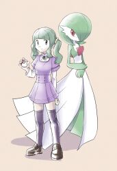 Rule 34 | 1girl, 1other, aqua hair, arm at side, blunt bangs, brown footwear, buttons, center frills, collared shirt, creatures (company), crossover, dress, floating, frilled shirt, frills, full body, futaba sana, game freak, gardevoir, gen 3 pokemon, green eyes, hand up, highres, holding, holding poke ball, layered sleeves, loafers, long sleeves, looking at another, magia record: mahou shoujo madoka magica gaiden, mahou shoujo madoka magica, medium hair, miniskirt, mizuna girls&#039; academy school uniform, neck ribbon, nintendo, parody, pink background, pleated skirt, poke ball, pokemon, pokemon (creature), purple ribbon, purple shirt, purple skirt, purple thighhighs, red eyes, ribbon, school uniform, shirt, shirt under shirt, shoes, short over long sleeves, short sleeves, sidelocks, skirt, standing, style parody, suraneku, thighhighs, twintails, wavy hair, white dress, white shirt