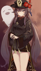 Rule 34 | 1girl, absurdres, bad id, bad pixiv id, bare legs, black nails, blush, bracelet, breasts, brown background, brown hair, brown jacket, brown shorts, chinese clothes, closed mouth, coattails, commentary, feet out of frame, flower, flower-shaped pupils, genshin impact, ghost, hair between eyes, hair flaps, hat, highres, hu tao (genshin impact), jacket, jewelry, jsscj, long hair, looking at viewer, multiple rings, nail polish, orange eyes, plum blossoms, porkpie hat, red shirt, ring, shirt, short shorts, shorts, small breasts, smirk, solo, symbol-shaped pupils, tangzhuang, tassel, thighs, twintails, v-shaped eyebrows, very long hair, wide sleeves