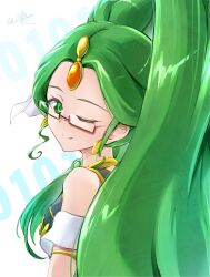 Rule 34 | 1girl, artist name, bare shoulders, clear glass (mildmild1311), commentary request, earrings, eyelashes, glasses, green eyes, green hair, green haired cure (wonderful net precure) (happinesscharge precure!), hair ornament, happinesscharge precure!, happy, highres, jewelry, long hair, looking at viewer, magical girl, one eye closed, precure, signature, smile, solo, twitter username, very long hair