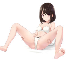 Rule 34 | 1girl, ass, barefoot, black hair, bow, bow bra, bow panties, bra, breasts, brown eyes, cameltoe, cleavage, cleft of venus, closed mouth, collarbone, grabbing own thigh, highres, looking at viewer, m legs, marui koishi, medium hair, navel, original, panties, pillow, simple background, small breasts, smile, soles, solo, spread legs, thighs, toes, underwear, underwear only, white background, white bra, white panties