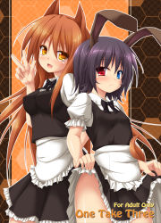 Rule 34 | 2girls, animal ears, black hair, blue eyes, blush, breasts, brown hair, clothes lift, cover, cover page, fang, frown, heterochromia, highres, impossible clothes, impossible shirt, long hair, looking at viewer, maid, mizunoe kotaru, multiple girls, nail polish, open mouth, original, rabbit ears, red eyes, shirt, short hair, skirt, skirt lift, v, yellow eyes