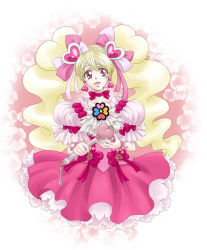 Rule 34 | 00s, 1girl, adapted costume, blonde hair, bow, choker, corset, cure peach, dress, earrings, flower, fresh precure!, frills, hair ornament, hair ribbon, hairpin, heart, heart hair ornament, jewelry, lipstick, long hair, magical girl, makeup, momozono love, nashe taneru, peach rod, pink bow, precure, puffy sleeves, red eyes, ribbon, skirt, solo, twintails, wand