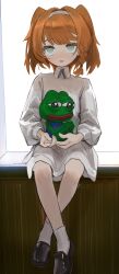 Rule 34 | 1girl, absurdres, aged down, animal, animal on hand, asymmetrical sidelocks, black footwear, braided sidelock, collared dress, crossed ankles, dress, frog, full body, green eyes, hairband, highres, holding, holding animal, long sleeves, open mouth, orange hair, pepe the frog, reverse:1999, short dress, short hair, sitting, socks, solo, sonetto (reverse:1999), straight-on, suso199, tearing up, two side up, white background, white dress, white hairband, white socks