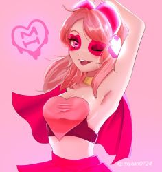 Rule 34 | 1girl, animification, armpits, breasts, cape, cleavage, gradient background, heart, heart-shaped pupils, highres, long hair, medium breasts, midriff, miss heed, one eye closed, open mouth, pink background, pink eyes, pink hair, purple background, red cape, red skirt, skirt, smile, solo, sugarkurage, symbol-shaped pupils, upper body, villainous