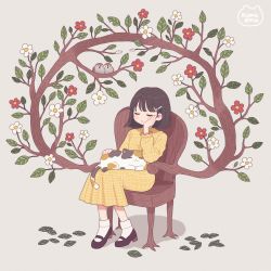Rule 34 | 1girl, :o, absurdres, animal, animal on lap, artist name, bird, black footwear, branch, brown hair, calico, cat, chair, closed eyes, commentary request, dress, emma (kumaema), eurasian tree sparrow, flower, full body, hair ornament, hand on own cheek, hand on own face, highres, huge filesize, leaf, long sleeves, on lap, original, petting, plaid, plaid dress, puffy long sleeves, puffy sleeves, red flower, shoes, short hair, sitting, socks, sparrow, white flower, white legwear, yellow dress