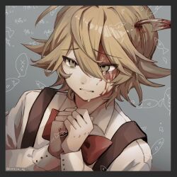 Rule 34 | 1boy, blonde hair, blood, blood in hair, blood on face, blue background, border, bow, crying, fish background, funamusea, green border, messy hair, oounabara to wadanohara, own hands together, polearm, red bow, shirt, short hair, solo, spear, tears, teeth, trap, tsuribari (funamusea), vmein 46, weapon, white shirt, yellow eyes