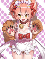 Rule 34 | 1girl, absurdres, animal ear fluff, animal ears, animal hands, apron, bell, blush stickers, breasts, cat hair ornament, cat paws, cleavage, collar, collarbone, fangs, fate/grand order, fate (series), fox ears, fox tail, gloves, hair ornament, highres, jingle bell, large breasts, long hair, looking at viewer, maid headdress, naked apron, neck bell, ohihil, open mouth, paw gloves, pink hair, ponytail, solo, tail, tamamo (fate), tamamo cat (fate), tamamo cat (third ascension) (fate), tongue, tongue out