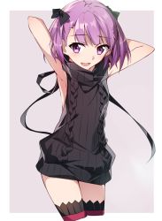 Rule 34 | 1girl, armpits, backless dress, backless outfit, bare shoulders, black legwear, blush, cowboy shot, dress, fate/grand order, fate (series), flat chest, halterneck, helena blavatsky (fate), looking at viewer, meme attire, naked sweater, open mouth, purple eyes, purple hair, ribbed sweater, short hair, sketch, smile, solo, strapless, sweater, tsuezu, turtleneck, turtleneck sweater, virgin killer sweater