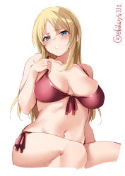 Rule 34 | 1girl, bikini, blonde hair, blush, breasts, breasts apart, cowboy shot, ebifurya, eyelashes, front-tie bikini top, front-tie top, frown, highres, kantai collection, large breasts, long hair, navel, nelson (kancolle), open mouth, red bikini, side-tie bikini bottom, simple background, skindentation, solo, stomach, swimsuit, twitter username, white background
