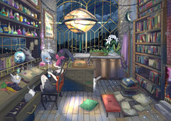 Rule 34 | 1girl, animal, black hat, black legwear, book, bookshelf, bow, brown hair, bug, butterfly, cauldron, chair, choker, crescent moon, crystal ball, cutting board, desk, drawer, fireplace, green eyes, hat, highres, indoors, insect, kitchen knife, knife, moon, mortar (bowl), night, open book, original, pestle, pink bow, pink ribbon, potion, rabbit, remosse512, ribbon, room, shelf, short hair, sitting, skull, sky, solo, star (sky), starry sky, test tube, vial, window, witch hat