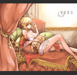 Rule 34 | 10s, 15k, 1girl, ahoge, blonde hair, braid, breasts, cub, curtains, epaulettes, fate/extra, fate (series), green eyes, highres, large breasts, lion, nero claudius (fate), nero claudius (fate), nero claudius (fate/extra), partially undressed, sagging breasts, tdgsgl