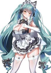 Rule 34 | 1girl, animal ears, apron, black dress, blue hair, blush, breasts, cat ears, clenched teeth, dress, drill hair, elbow gloves, fake animal ears, gloves, goddess of victory: nikke, hands on own chest, highres, large breasts, legwear garter, light blue hair, long hair, looking at viewer, maid, maid headdress, neck bell, official alternate costume, parted lips, paw hair ornament, privaty (nikke), privaty (unkind maid) (nikke), simple background, skindentation, solo, teeth, thighhighs, twin drills, twintails, type09 sachi, very long hair, white apron, white background, white gloves, white thighhighs, yellow eyes