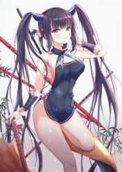 Rule 34 | 1girl, absurdres, bare shoulders, black dress, blue eyes, blunt bangs, blush, bnari, breasts, china dress, chinese clothes, cleavage, detached sleeves, dress, fate/grand order, fate (series), female focus, gradient background, grey background, hair ornament, highres, large breasts, leaf hair ornament, legs, long hair, looking at viewer, plant, purple hair, sidelocks, solo, standing, thighs, twintails, very long hair, white background, yang guifei (fate), yang guifei (second ascension) (fate)