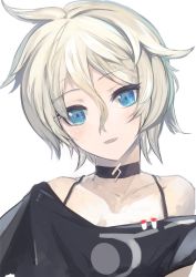 Rule 34 | 1girl, alternate hair length, alternate hairstyle, bare shoulders, blonde hair, blue eyes, choker, ia (vocaloid), looking at viewer, panties, parted lips, pupps, short hair, simple background, smile, solo, underwear, vocaloid, white panties