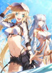 Rule 34 | 2girls, :d, absurdres, artoria caster (fate), artoria caster (swimsuit) (fate), artoria caster (swimsuit) (first ascension) (fate), artoria pendragon (fate), asymmetrical clothes, asymmetrical pants, bare shoulders, baseball cap, bikini, black pants, blonde hair, blue eyes, blue ribbon, braid, breasts, character hood, cleavage, cowboy shot, cropped jacket, detached sleeves, fate/grand order, fate (series), flower, french braid, gold trim, green eyes, hair flower, hair ornament, hair ribbon, hand on headwear, hat, highres, itsuma su, jacket, large breasts, long hair, long sleeves, looking at viewer, morgan le fay (fate), morgan le fay (water princess) (fate), multiple girls, navel, open mouth, open pants, pants, ponytail, puffy long sleeves, puffy sleeves, red brooch, red tassel, ribbon, shrug (clothing), sidelocks, single bare leg, single pantsleg, smile, stomach tattoo, striped clothes, striped jacket, swimsuit, tattoo, thighlet, twintails, very long hair, wading, white bikini, white hair, white hat, white jacket, white wristband, wide brim
