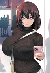 Rule 34 | 1girl, absurdres, bag, between breasts, black hair, black sweater, blue eyes, bra visible through clothes, breasts, carrying bag, cellphone, closed mouth, commentary, hair between eyes, hand up, highres, holding, holding phone, huge breasts, looking at viewer, medium hair, original, phone, ribbed sweater, shiki (psychedelic g2), shoulder bag, silhouette, smartphone, solo focus, strap between breasts, sweater, train station, turtleneck, turtleneck sweater, upper body, wide-eyed