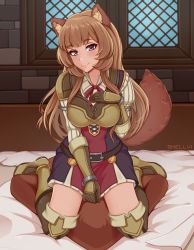 Rule 34 | 1girl, absurdres, animal ear fluff, animal ears, artist name, bad id, bad pixiv id, blush, boots, breasts, brown footwear, brown hair, brown thighhighs, commentary, highres, kneeling, long hair, long sleeves, looking at viewer, raccoon ears, raccoon girl, raccoon tail, raphtalia, red eyes, shellvi, smile, solo, tail, tate no yuusha no nariagari, thigh boots, thighhighs