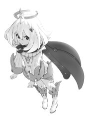 Rule 34 | boots, celtic knot, clenched hands, flat chest, genshin impact, greyscale, hair between eyes, hair ornament, halo, incloud, knee boots, looking at viewer, medium hair, monochrome, paimon (genshin impact), ribbed sleeves, romper, scarf, simple background, starry sky print, white background, wings