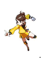 Rule 34 | 1girl, artist name, brown eyes, brown hair, clenched hand, closed mouth, commentary request, creatures (company), full body, game freak, gloria (pokemon), gloves, hair bun, highres, index finger raised, jacket, knee pads, leg up, master dojo uniform, nintendo, ora (oraora oekaki), pokemon, pokemon swsh, shoes, short hair, shorts, simple background, solo, white background, yellow jacket