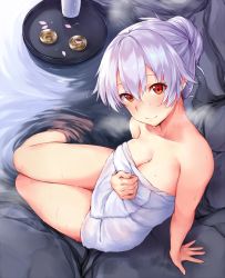 Rule 34 | 1girl, alcohol, arm support, breasts, cleavage, closed mouth, cold (hoshinoskull), commentary request, cup, fate/grand order, fate (series), from above, hair between eyes, hair bun, hand on own chest, head tilt, highres, looking at viewer, looking up, medium breasts, naked towel, onsen, petals, red eyes, rock, sake, silver hair, single hair bun, sitting, smile, soaking feet, solo, steam, tokkuri, tomoe gozen (fate), towel, water, wet