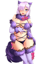 Rule 34 | 1girl, :o, absurdres, animal ears, bikini, bow, breasts, cleavage, cross-laced clothes, elbow gloves, fang, fate/grand order, fate (series), fur trim, gloves, hair over one eye, highres, lace, lace-trimmed legwear, lace trim, large breasts, looking at viewer, mash kyrielight, mash kyrielight (dangerous beast), navel, nekoguchi, official alternate costume, open clothes, purple eyes, purple gloves, purple hair, purple thighhighs, shiny skin, short hair, simple background, solo, sweatdrop, swimsuit, tail, thigh gap, thighhighs, wavy mouth, white background, wolf ears, wolf tail