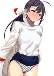 Rule 34 | ahoge, alternate costume, black hair, blouse, blush, chirashi (so), collared shirt, commentary request, fujinami (kancolle), highres, kantai collection, long hair, looking to the side, panties, shirt, striped clothes, striped panties, underwear, white background, white shirt, yellow eyes