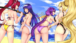 Rule 34 | 4girls, ahoge, ass, ass cutout, ass focus, back, backless outfit, bikini, blonde hair, blue eyes, blue hair, blush, bracelet, braid, breasts, butt crack, byakkun (byakkun8181), clothing cutout, commentary request, covered erect nipples, crossed arms, day, eltnum, from behind, grey eyes, grin, hair intakes, hair ribbon, hairband, hand on own hip, hands on own hips, high ponytail, highres, hilda (under night in-birth), holding own arm, huge breasts, jewelry, katana, large breasts, lipstick, long hair, looking back, low-tied long hair, makeup, medium breasts, mole, mole under eye, multiple girls, one-piece swimsuit, orie ballardiae harada, over shoulder, purple bikini, purple eyes, purple hair, red eyes, red hair, ribbon, side-tie bikini bottom, sideboob, sideways mouth, single braid, sion eltnam atlasia, smile, swimsuit, sword, under night in-birth, very long hair, weapon, weapon over shoulder, white hairband, yellow bikini, yuzuriha (under night in-birth)