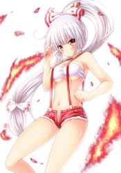 Rule 34 | 1girl, adapted costume, alternate costume, blush, bow, breasts, brown eyes, cleavage, fire, fujiwara no mokou, hair bow, highres, large breasts, long hair, looking at viewer, navel, no panties, osashin (osada), parted lips, ponytail, short shorts, shorts, sideboob, solo, strapless, thighs, touhou, tube top, very long hair, white bow, white hair